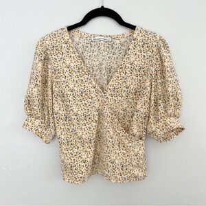 Abercrombie & Fitch Yellow Floral Puff Sleeve Wrap Top